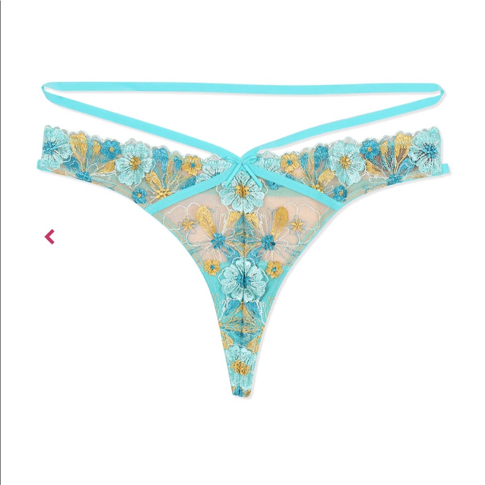 Love, Vera Strappy Embroidered Floral Thong Blue Curacao NWT